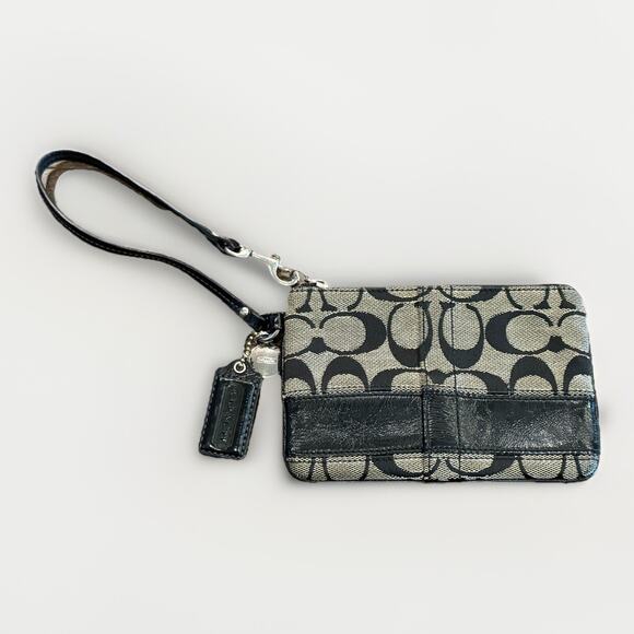 Coach Legacy Logo Signature Leather Stripe Black Canvas Wristlet - Picture 1 of 8